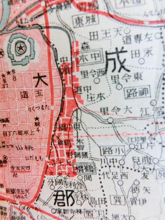 ⑥生野区鶴橋（地図下）、⑧鴫野（地図上）「日本交通分県地図・大阪府 大正12年（1923）」毎日新聞社
