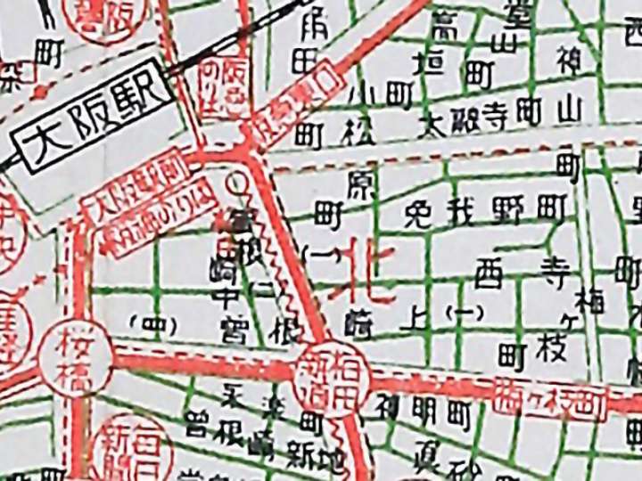 神山町・太融寺町（右上）神明町（中央下）大阪市観光案内図・昭和13年（1938）三宝社