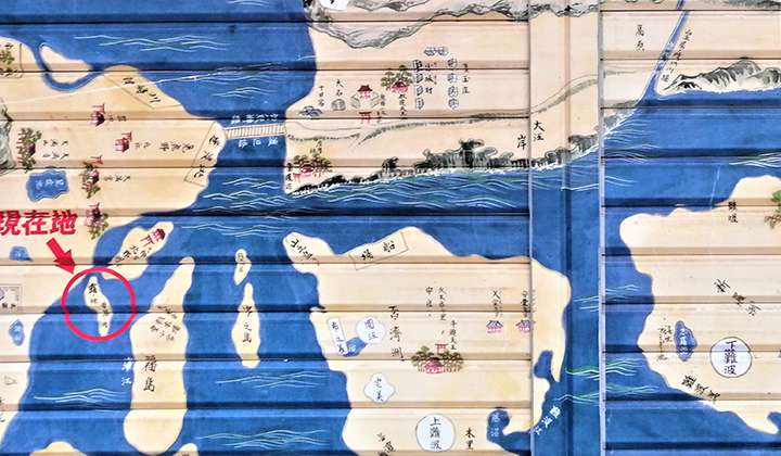 ⑬圓江（円江）はどこ？ 図は露天神境内（図中の現在地）のシャッターに描かれた「大阪之古図」