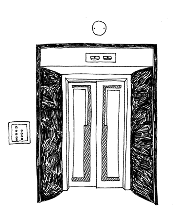 エレベーターのデザイン。扉の幾何学的な模様がモダン。